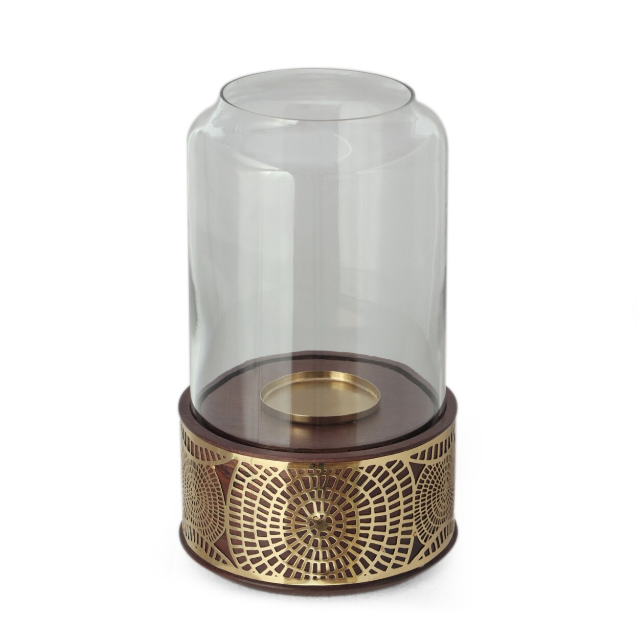 GDFStudio Rivet Boho Handcrafted Mango Wood Hurricane Candle Holder Natural and Nickel