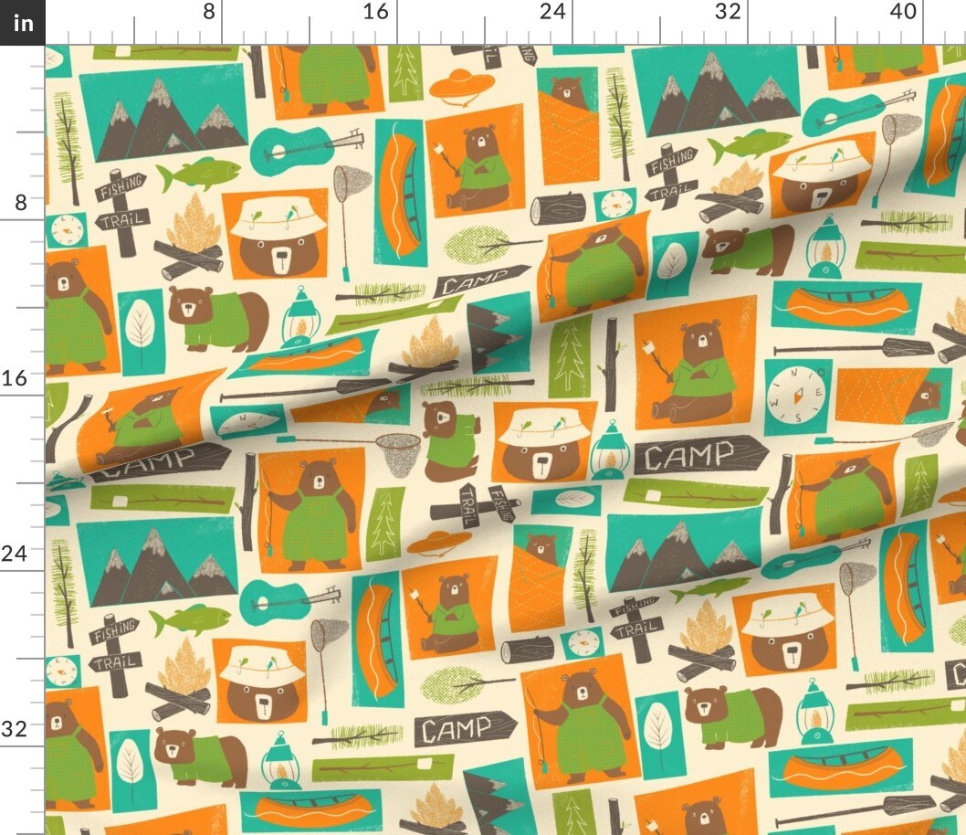 Woodland Camping Cute Bears Whimsical Rustic Lodge Mountain Canoe Camp Fire Custom Printed Fabric by Spoonflower Various Fabrics by the Yard or Fat Quarter