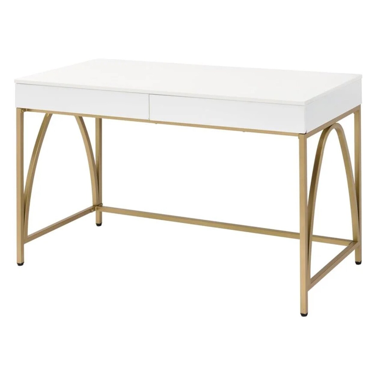Saltoro Sherpi 50 Inch Desk Console Table, 2 Drawers, Metal Inverted U Frame, White, Gold-