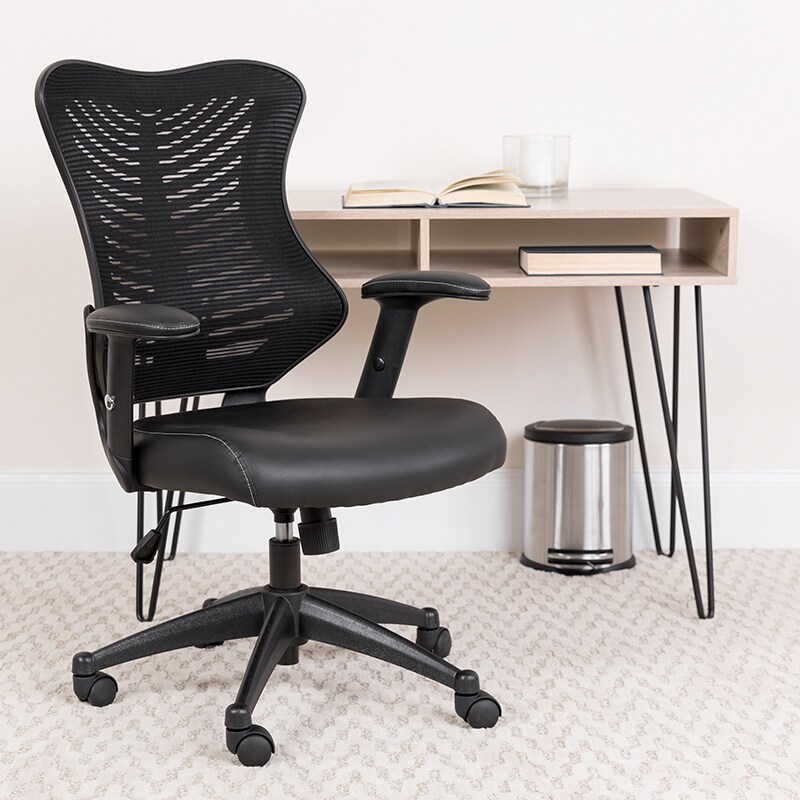 Flash Furniture High Back Designer Black Mesh Executive Swivel Ergonomic Office Chair with LeatherSoft Seat and Adjustable Arms