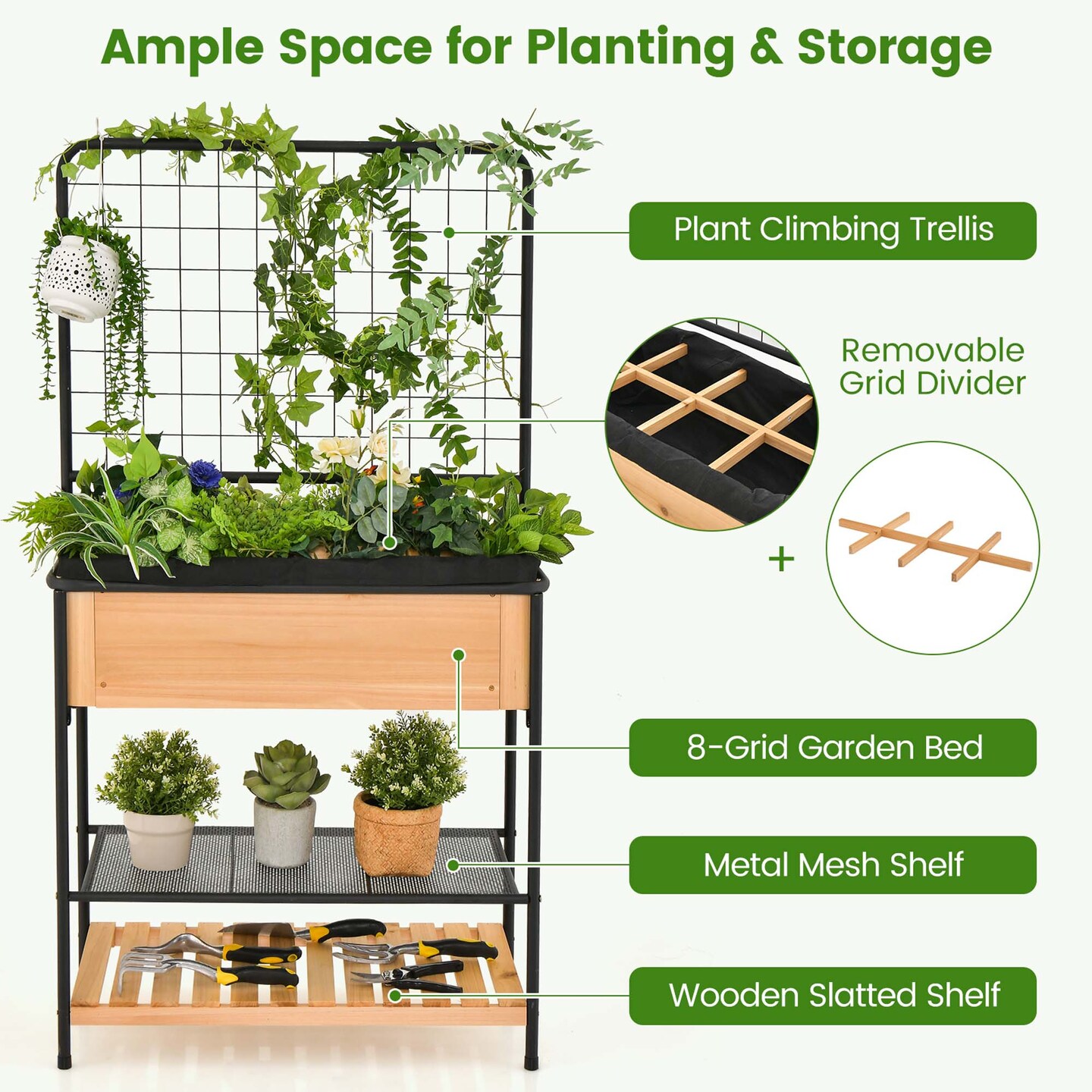 Costway 59" Raised Wooden Garden Bed with Metal Trellis Open Storage Shelves Drain Holes