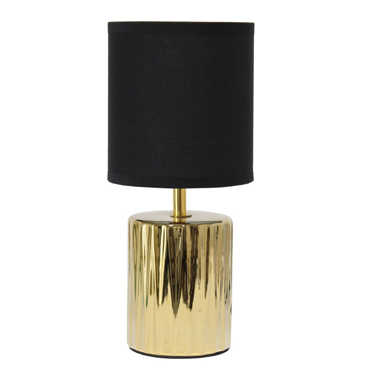 Simple Designs 11.61&#x22; Tall Contemporary Ruffled Metallic Gold Capsule Bedside Table Desk Lamp With Black Drum Fabric Shade For Home