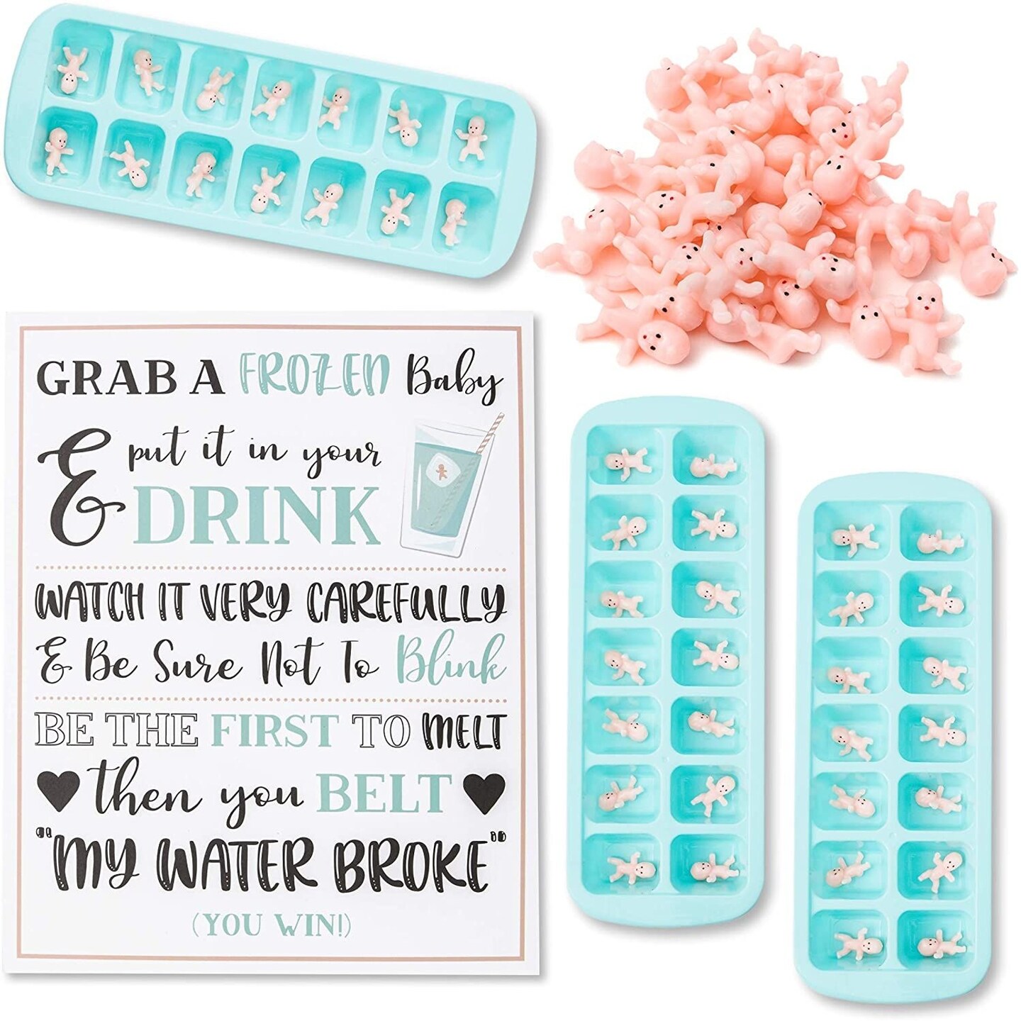 My Water Broke Baby Shower Game with 60 1-Inch Mini Plastic Babies, Girls and Boys, Includes 3 Ice Cube Trays and 1 Sign, for Expecting Mothers and Parents (Turquoise)