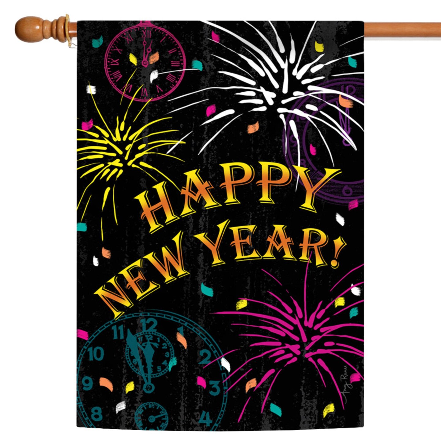 Toland Home Garden Clocks and Fireworks "Happy New Year!" Outdoor Flag - 40" x 28"