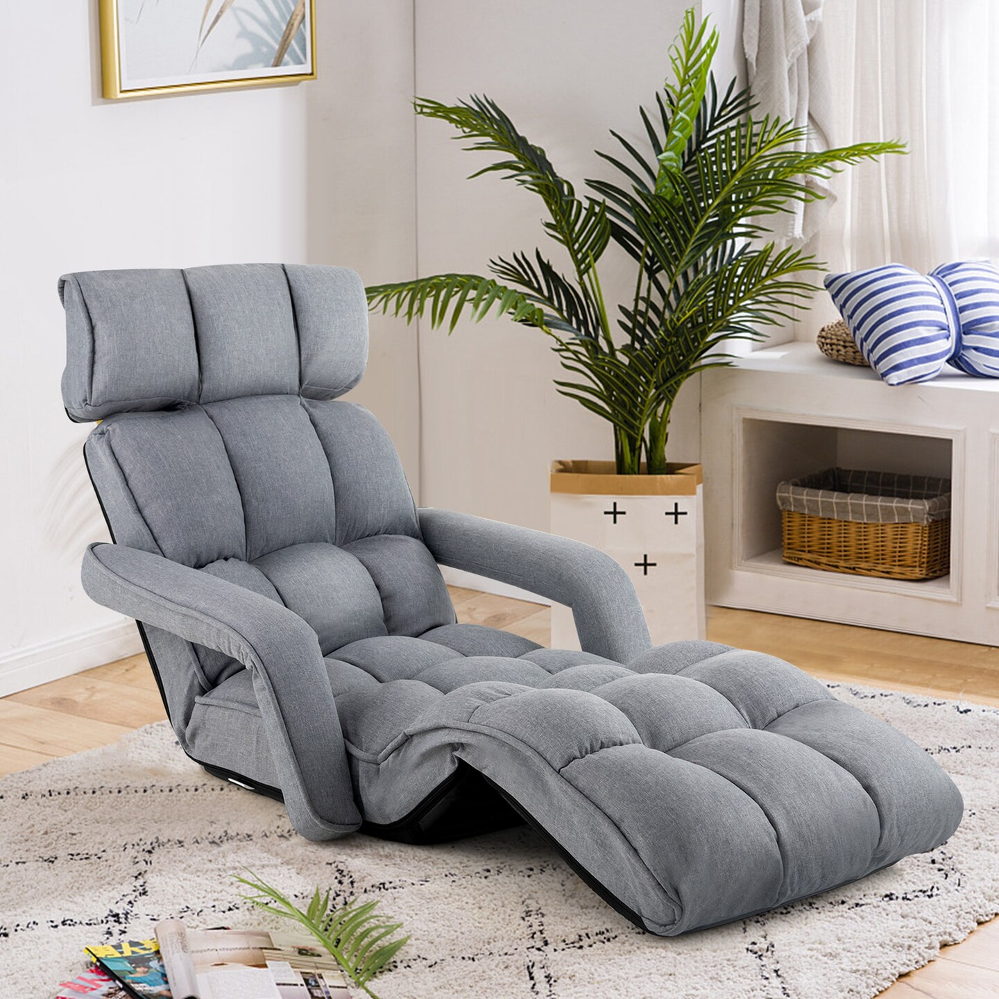 Costway 6-Position Adjustable Floor Chair for Adults Foldable Lazy Sofa for Living Room Dark Grey/Grey