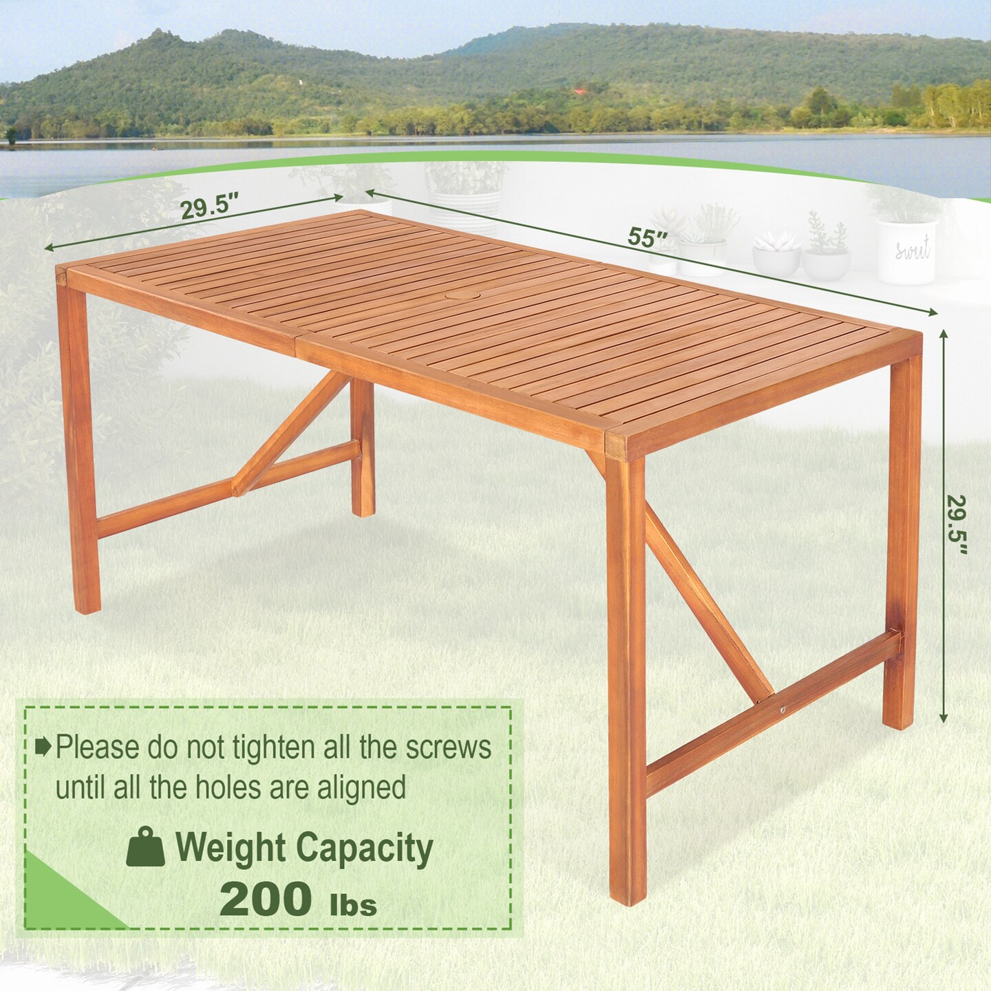 Costway Patio Rectangular Acacia Wood Dining Table 4-6 Person Outdoor 2&#x27;&#x27; Umbrella Hole