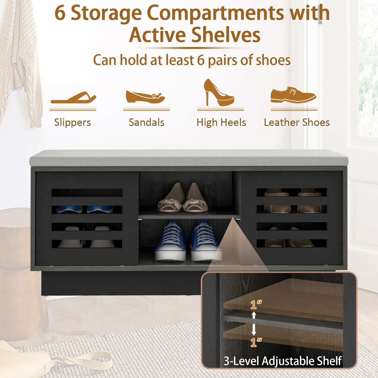 Costway Shoe Storage Bench with Cushion Shoe Storage Organizer Shoe Rack Entryway Grey/Natural