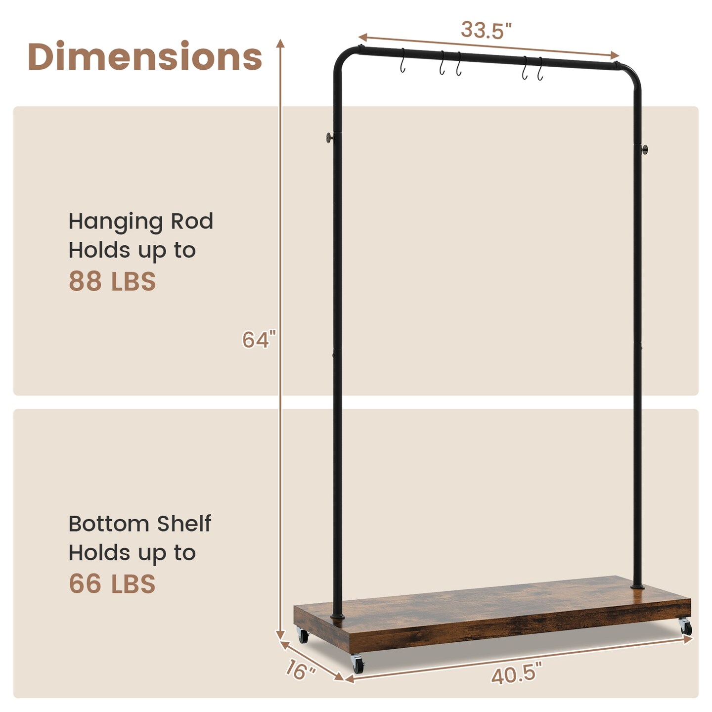 Costway Industrial Pipe Rolling Garment Rack Heavy Duty Clothing Rack with Hooks &#x26; Shelf