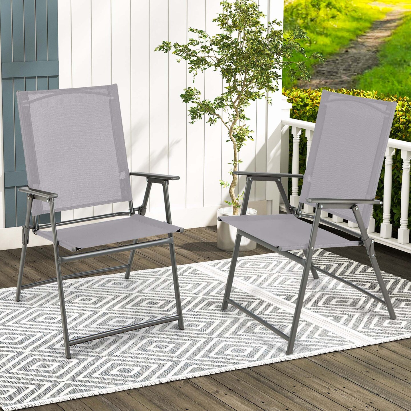 Costway 2pcs Patio Folding Portable Dining Chairs Metal Frame Armrests Garden Outdoor Black/Gray/White