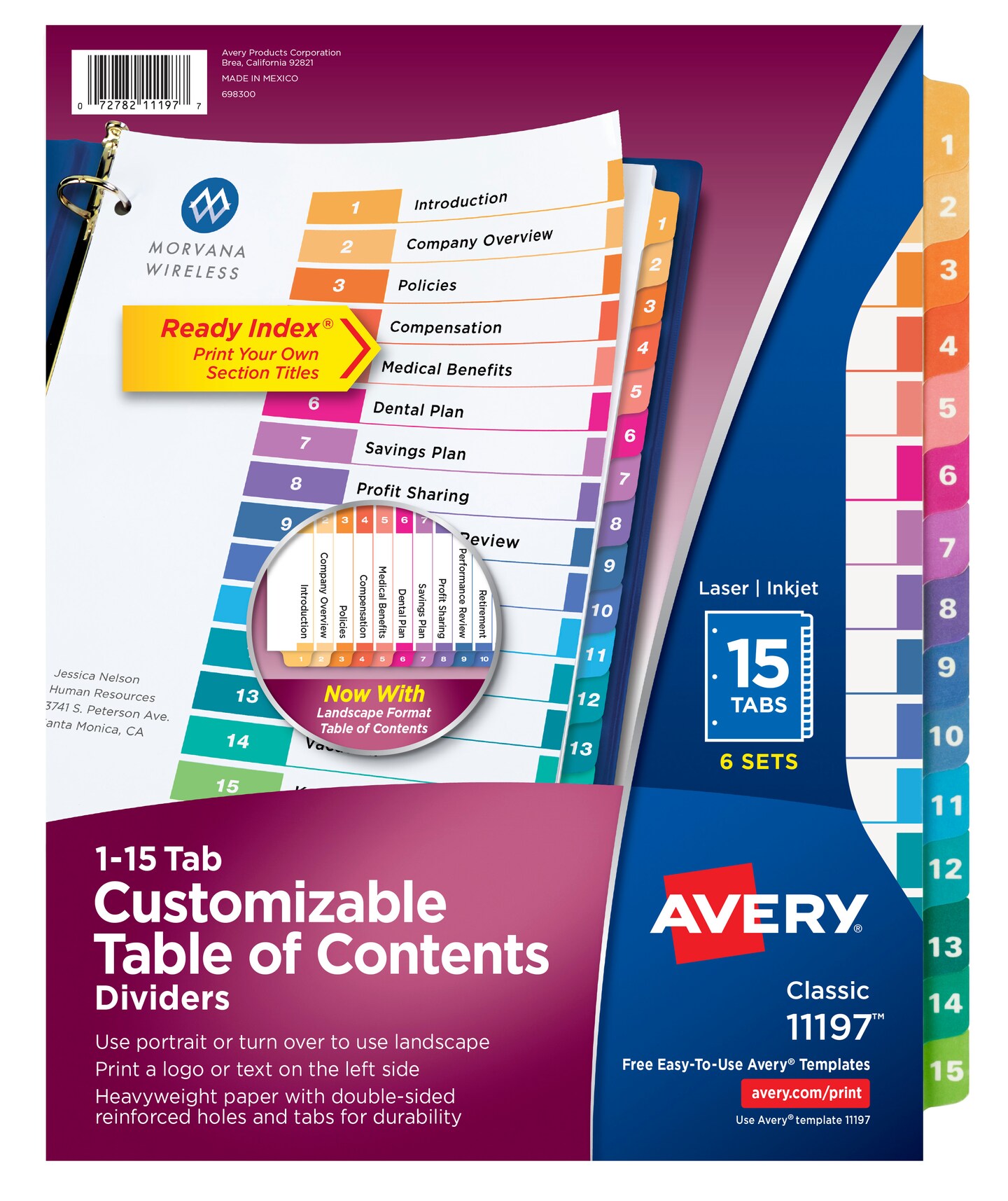 Avery Ready Index 15 Tab Binder Dividers, Customizable Table of Contents, Multicolor Tabs, 6 Sets (11197)