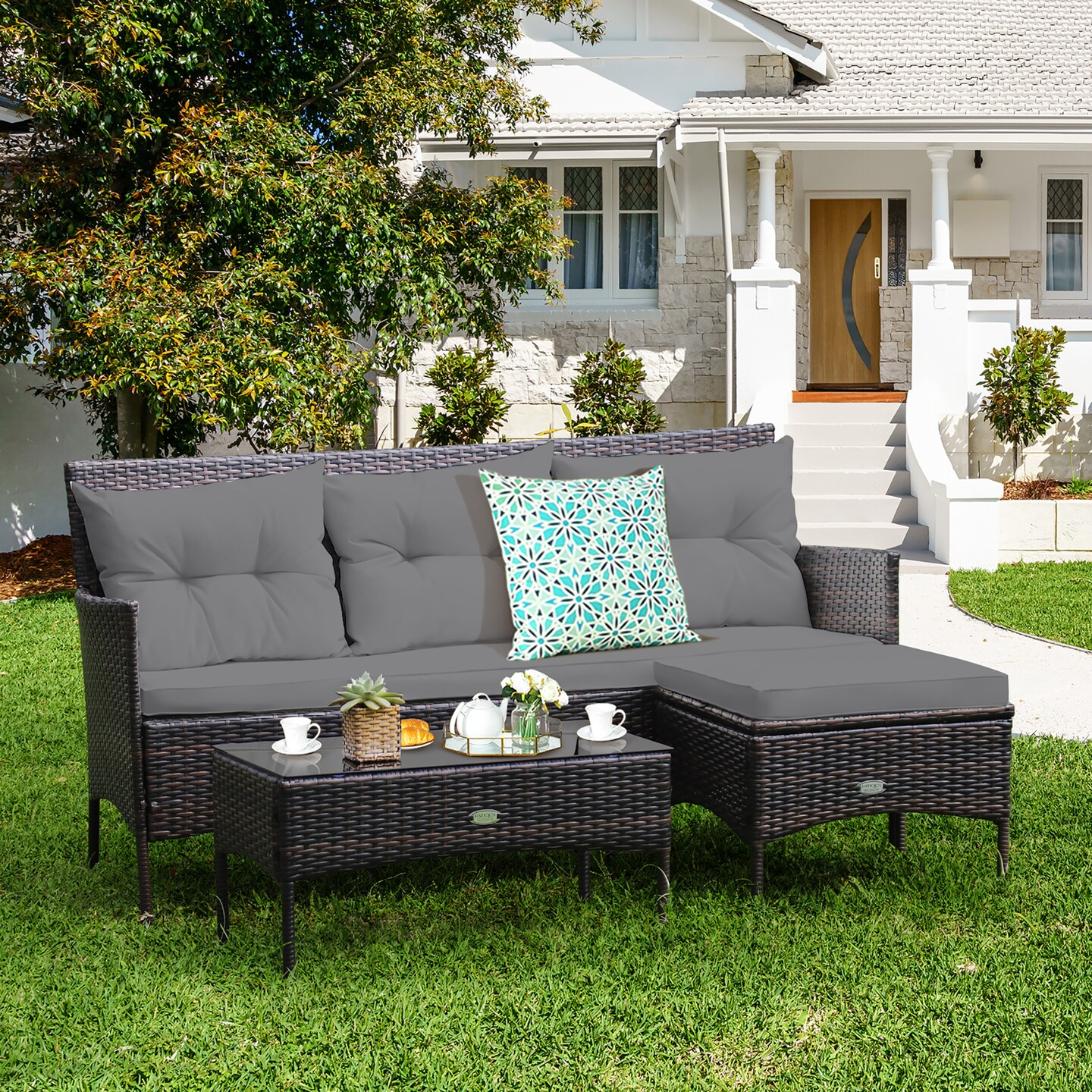 Costway 3PCS Patio Rattan Furniture Set 3-Seat Sofa Cushioned Table Garden Turqouise/Grey/Off White/Navy