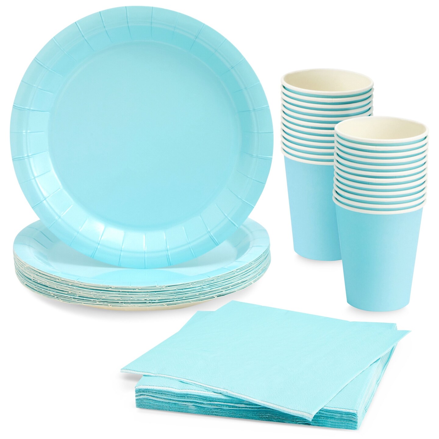 Serves 24 Light Blue Party Supplies, Disposable Paper Plates, Cups, Napkins for Birthday Party, Graduation, Gender Reveal, Baby Boy Shower (72 Pieces)