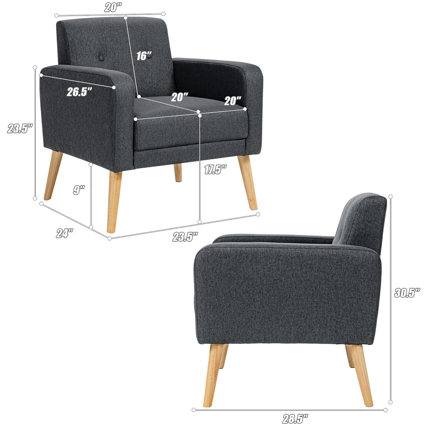 Costway Modern Accent Chair Upholstered Linen Armchair w/Rubber Wood Legs Yellow\Beige\Grey\Navy