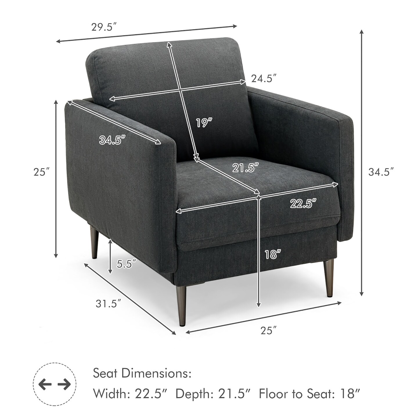 Costway Modern Upholstered Accent Chair Single Sofa Armchair Living Room Funiture White\Grey