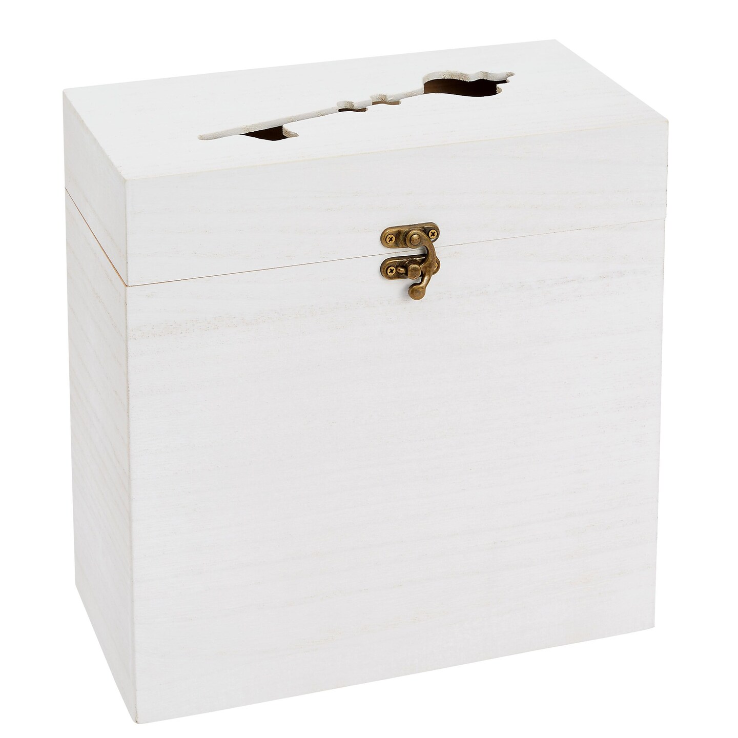 Rustic Wooden Wedding Card Box with Lock and Key Shaped Slot for Reception (White, 9.75 x 5 x 10 In)