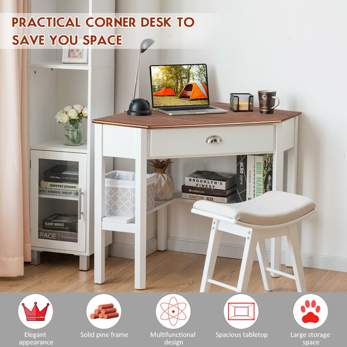 Costway Triangle Computer Desk Corner Office Desk Laptop Table with Drawer Shelves Rustic Brown&#x26;Black/White/Black/Coffee/Grey/Natural&#x26;White
