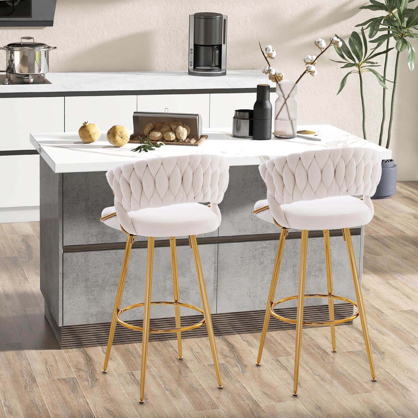 Costway 4 PCS Velvet Bar Stool 29" Bar Height Stools with Woven Backrest & Gold Metal Legs Grey/Beige