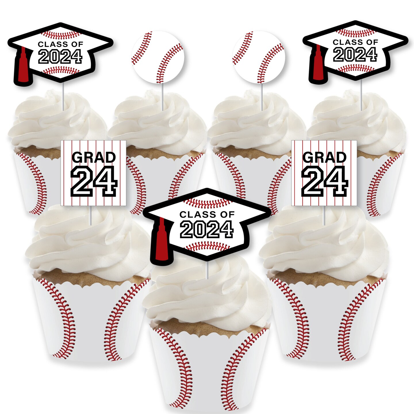 Big Dot of Happiness Grad Baseball - Cupcake Decoration - 2024 Graduation Party Cupcake Wrappers and Treat Picks Kit - Set of 24