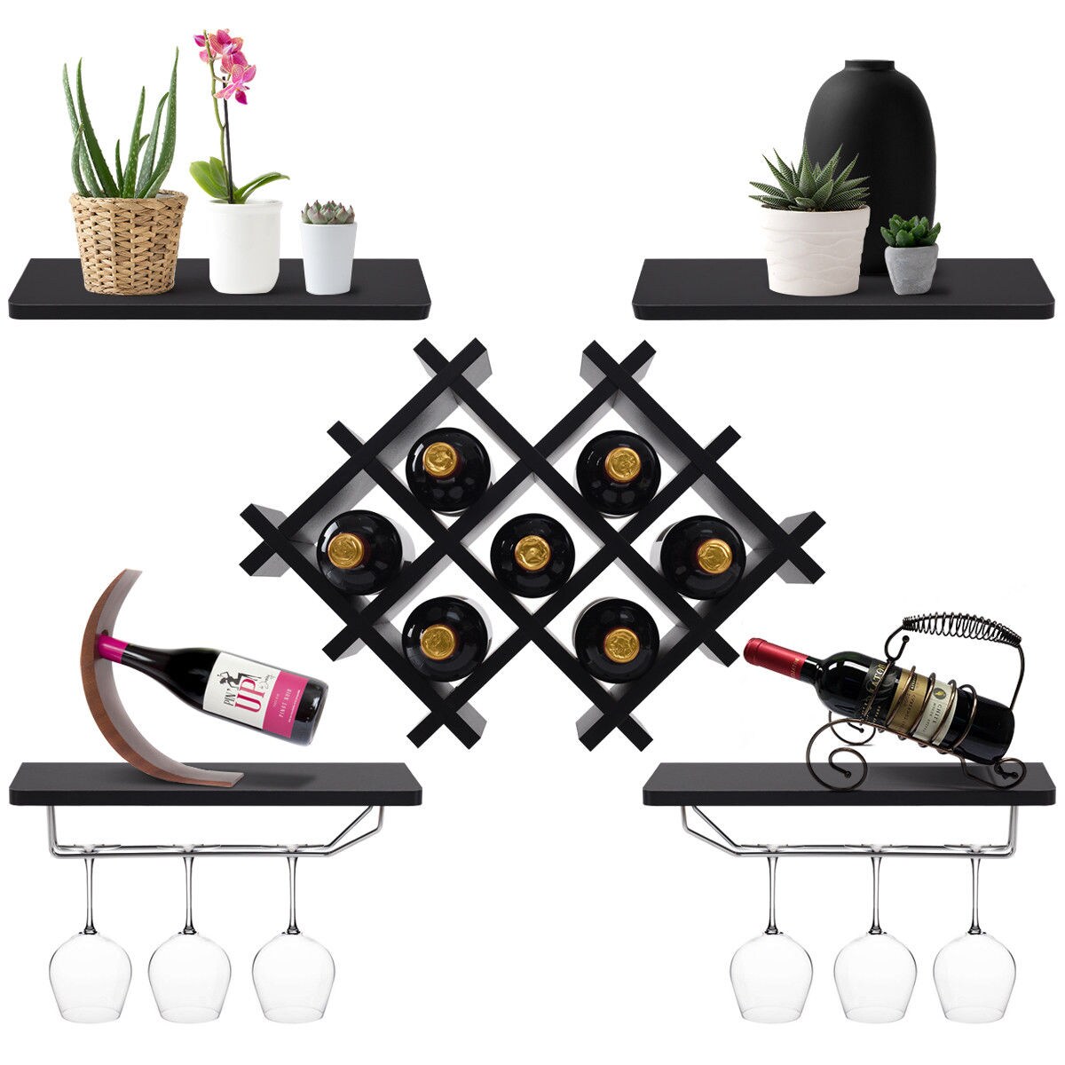 Gymax Set of 5 Wall Mount Wine Rack Set Storage Shelves and Glass Holder Black