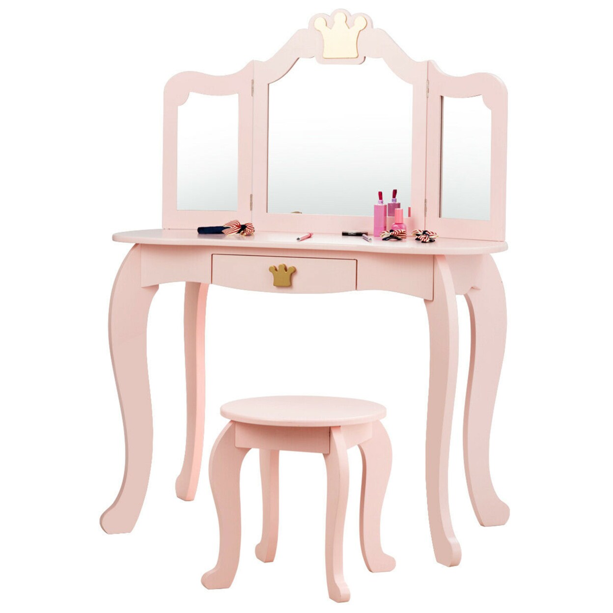 Gymax Kids Makeup Dressing Table Chair Set Princess Vanity and Tri-folding Mirror Pink