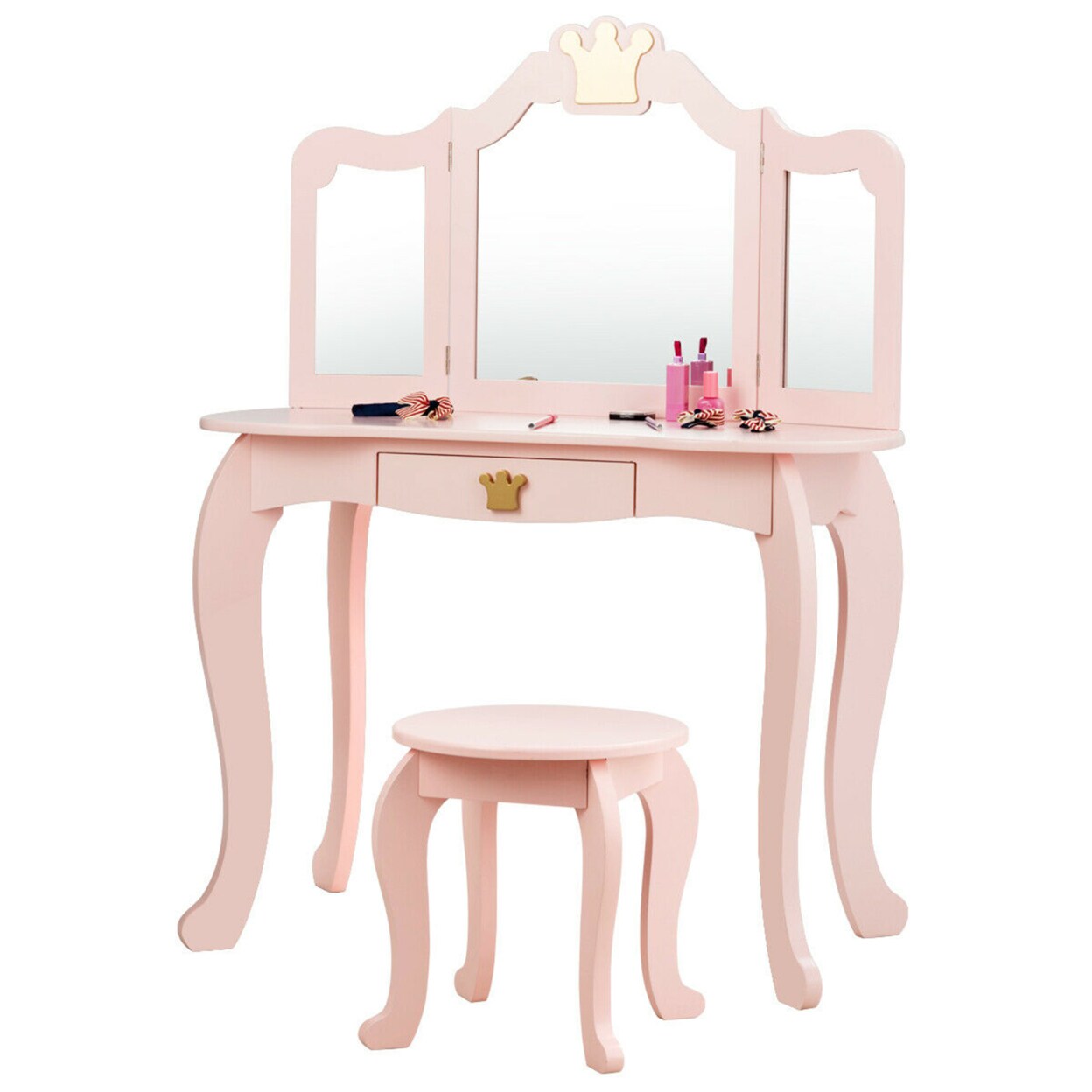 Kids Makeup Dressing Table Chair Set Princess Vanity And Tri-Folding Mirror Pink