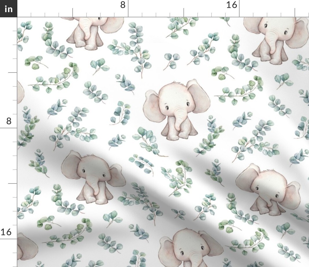 Elephant White Green Grey Animal Plant Neutral Custom Printed Fabric by Spoonflower Various Fabrics by the Yard or Fat Quarter