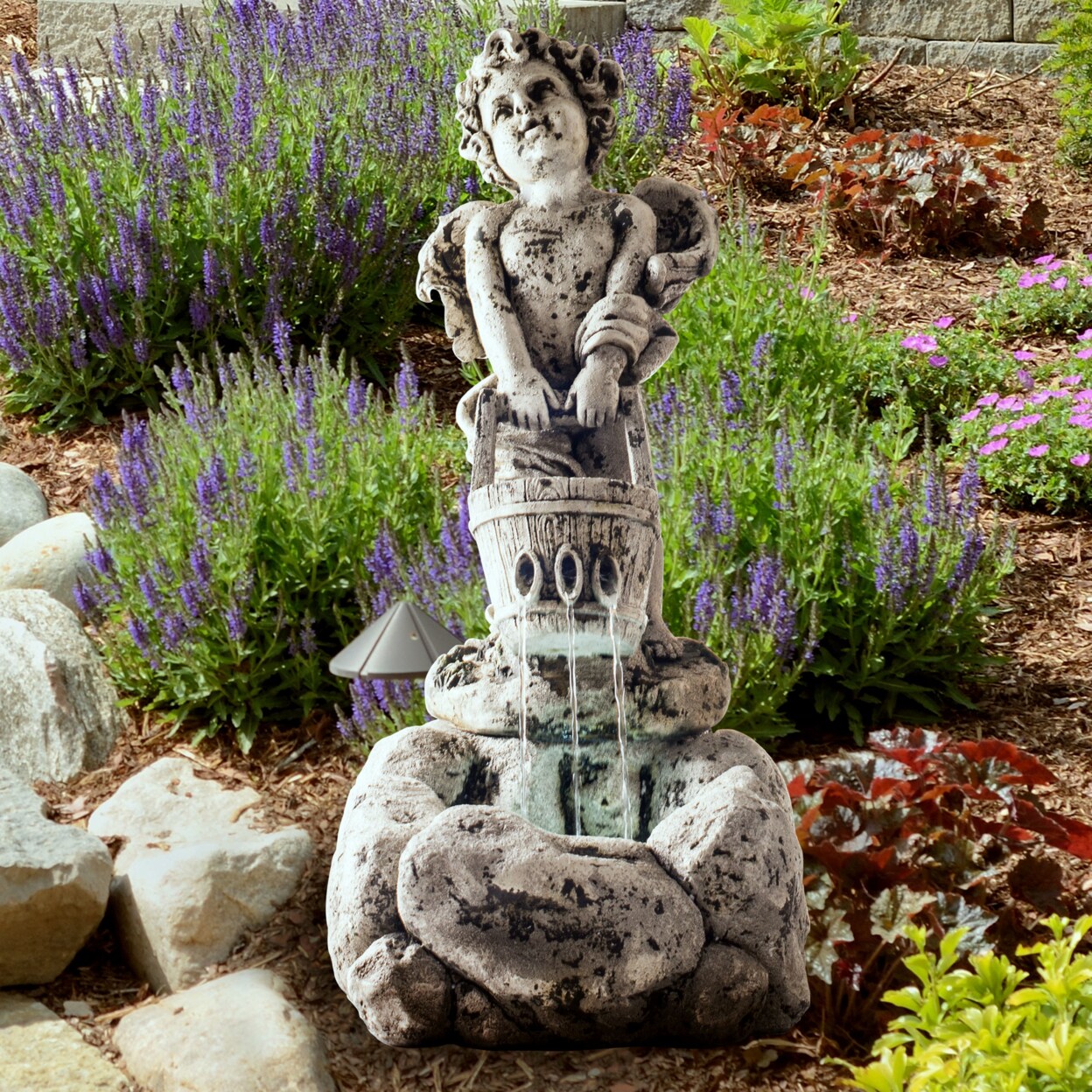 Outdoor Water Fountain With Led Lights Cherub Angel Antique Stone Design 24 Inches