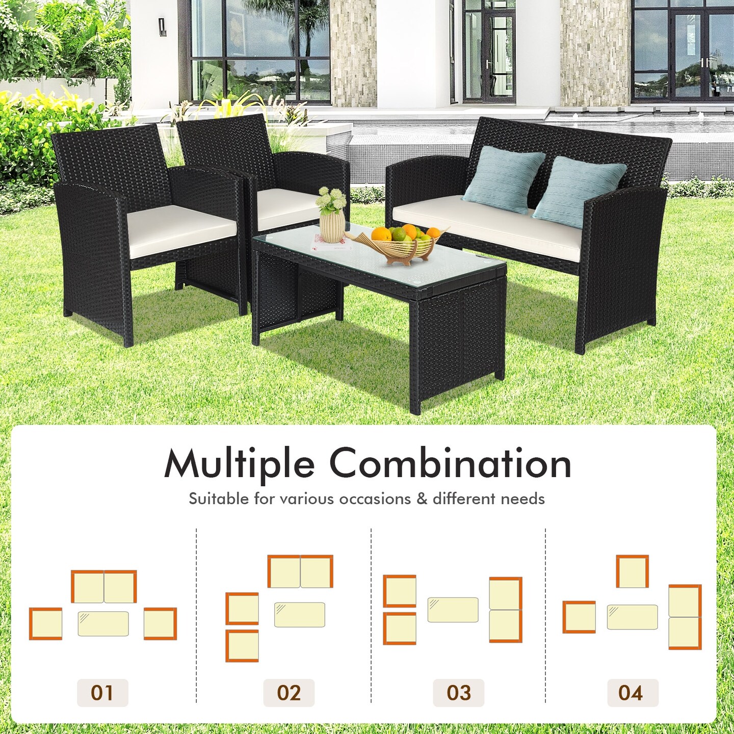 4 Pcs Wicker Conversation Furniture Set Patio Sofa and Table Set