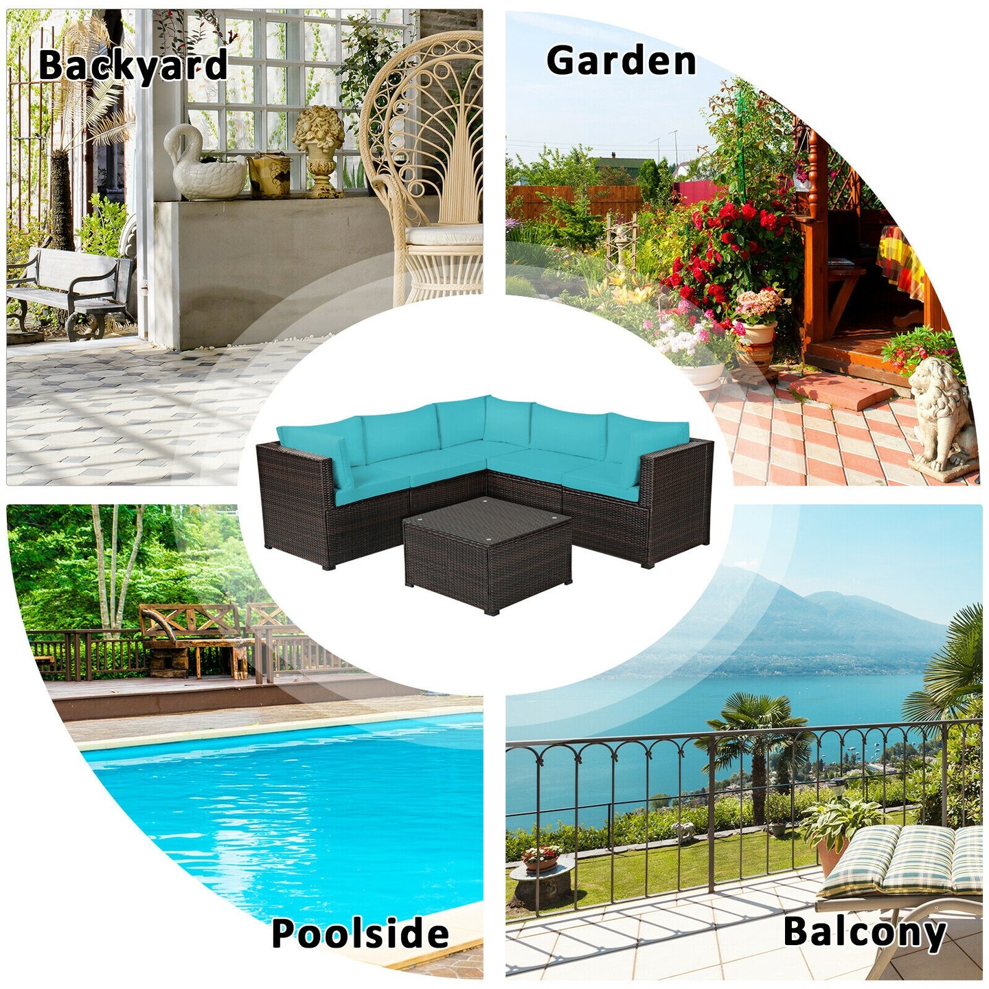 6 Pieces Patio Rattan Furniture Set Sectional Cushioned Sofa Deck