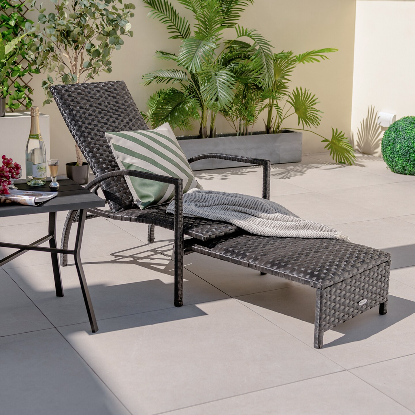 Costway Patio Wicker Elastic Sponge Lounge Chair Back Adjustable with Retractable Ottoman