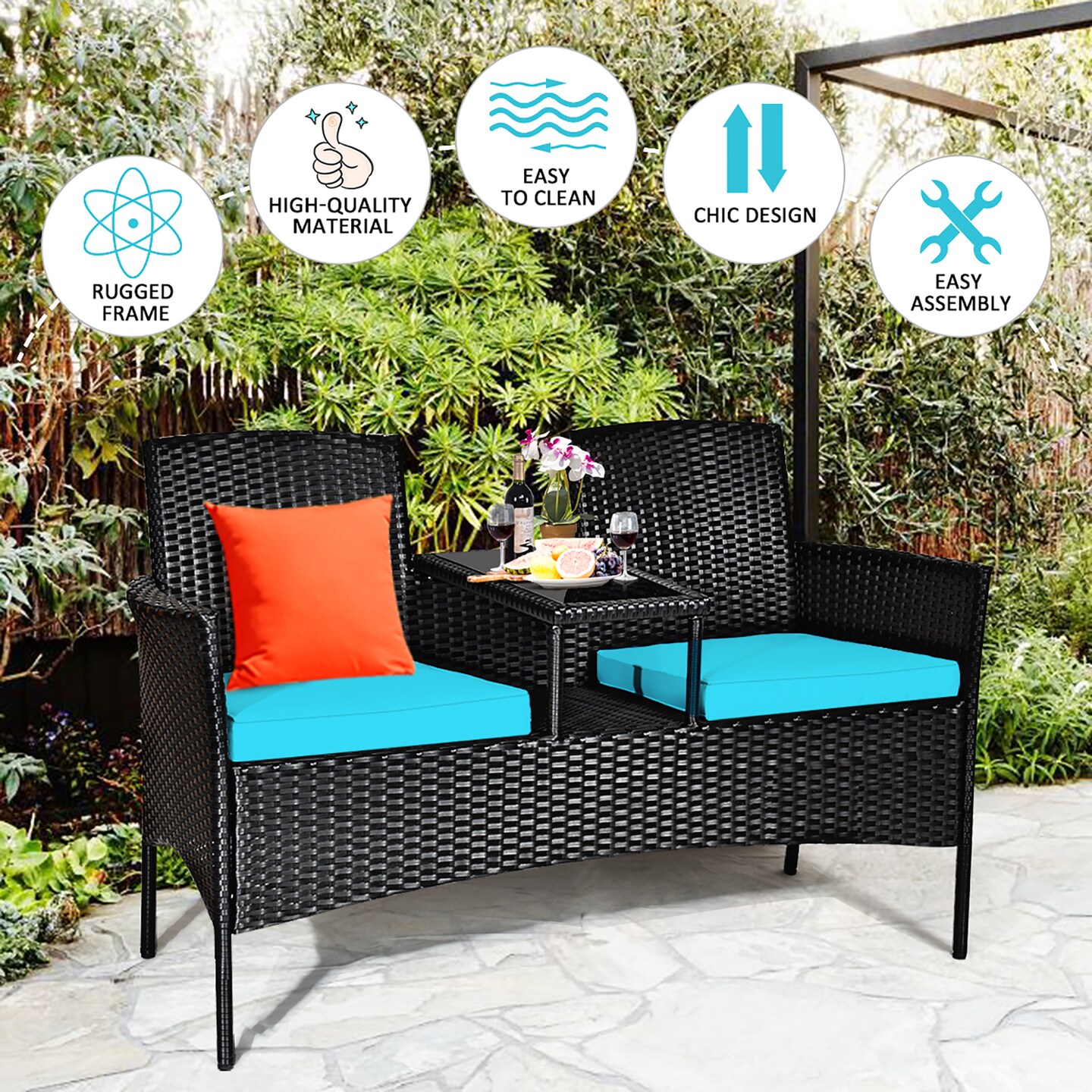Costway Patio Rattan Conversation Set Seat Sofa Cushioned Loveseat Glass Table Chair Red\Turquoise