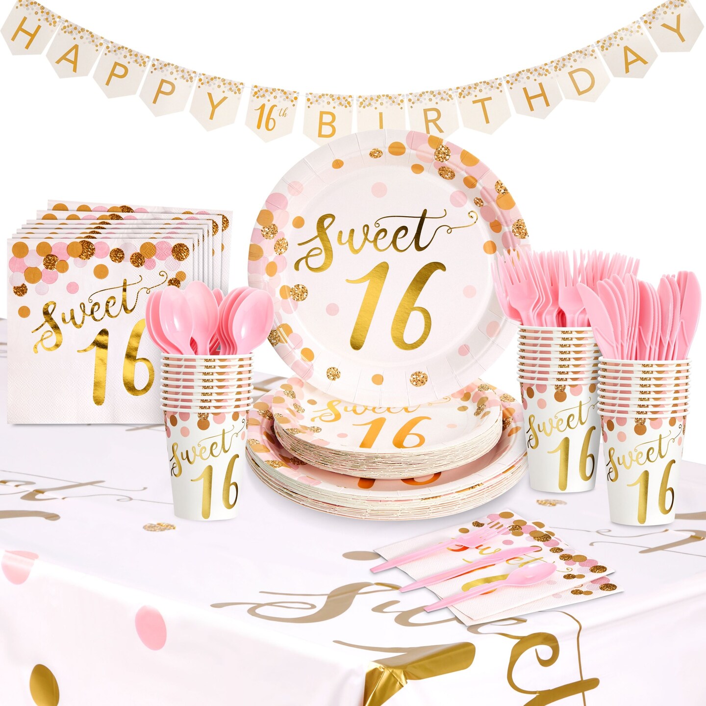 170-Piece Rose Gold Sweet 16 Birthday Decorations for Girls, Disposable Dinnerware Set with Table Cover and Banner (Serves 24)