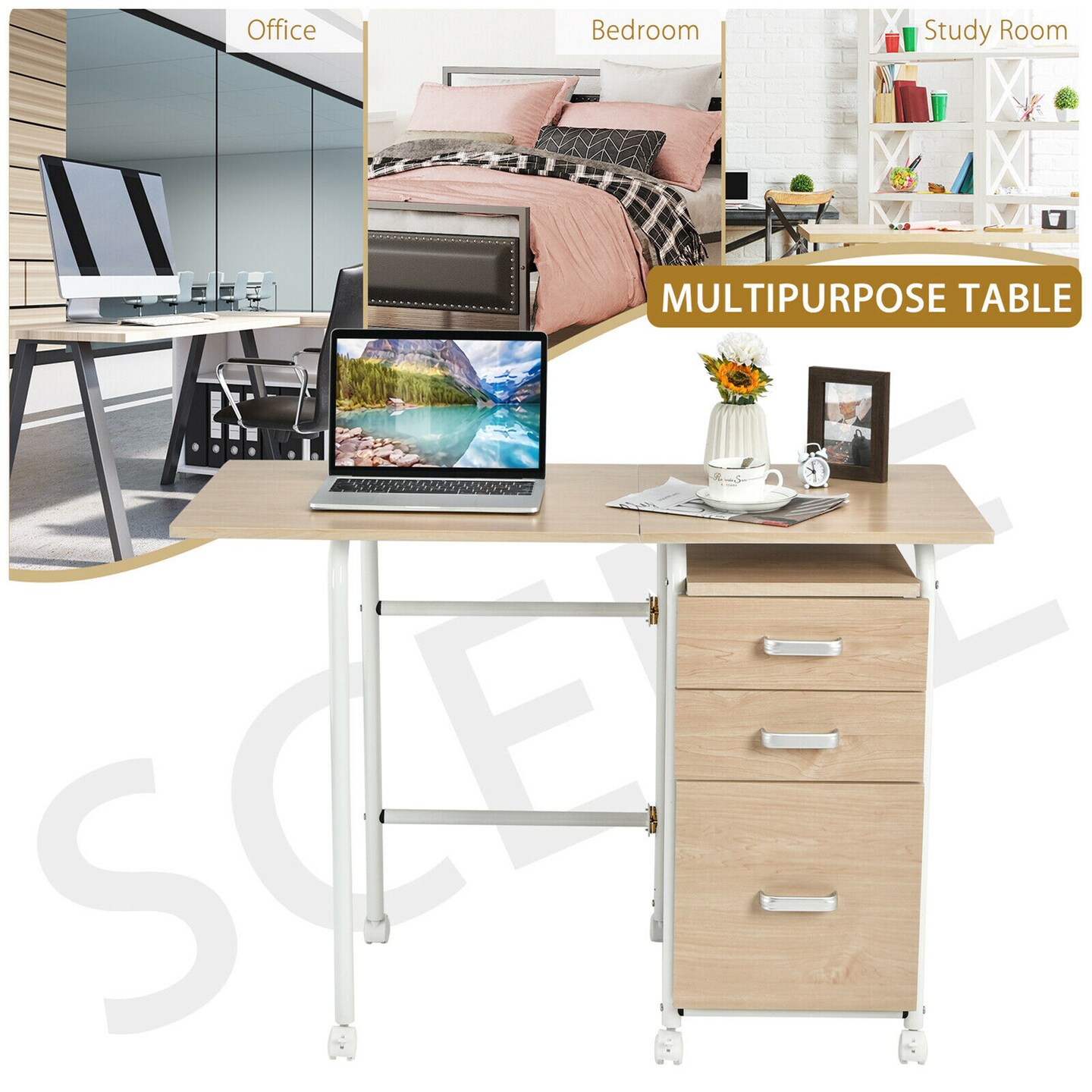 Costway Folding Computer Laptop Desk Wheeled Home Office Furniture w/3 Drawers Brown/Natural