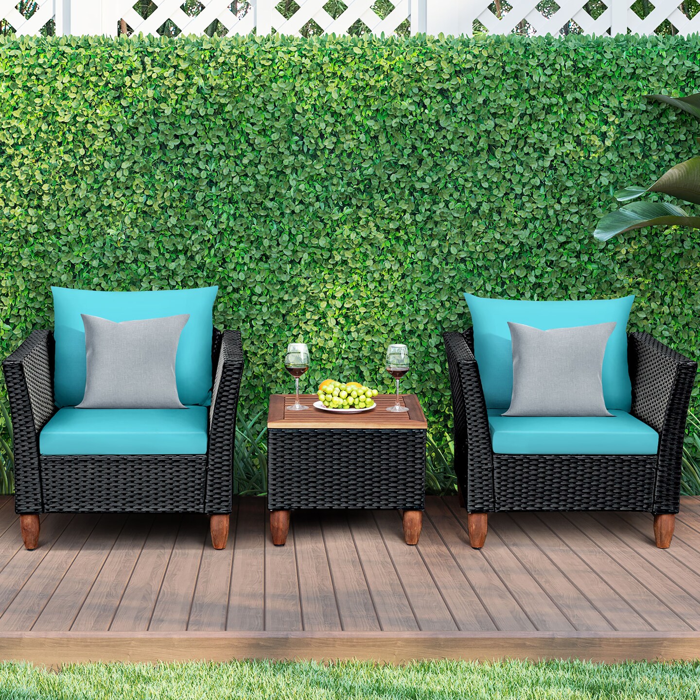 Costway 3 PCS Outdoor Patio Rattan Bistro Furniture Set Wooden Table Top Cushioned Sofa Black Brown