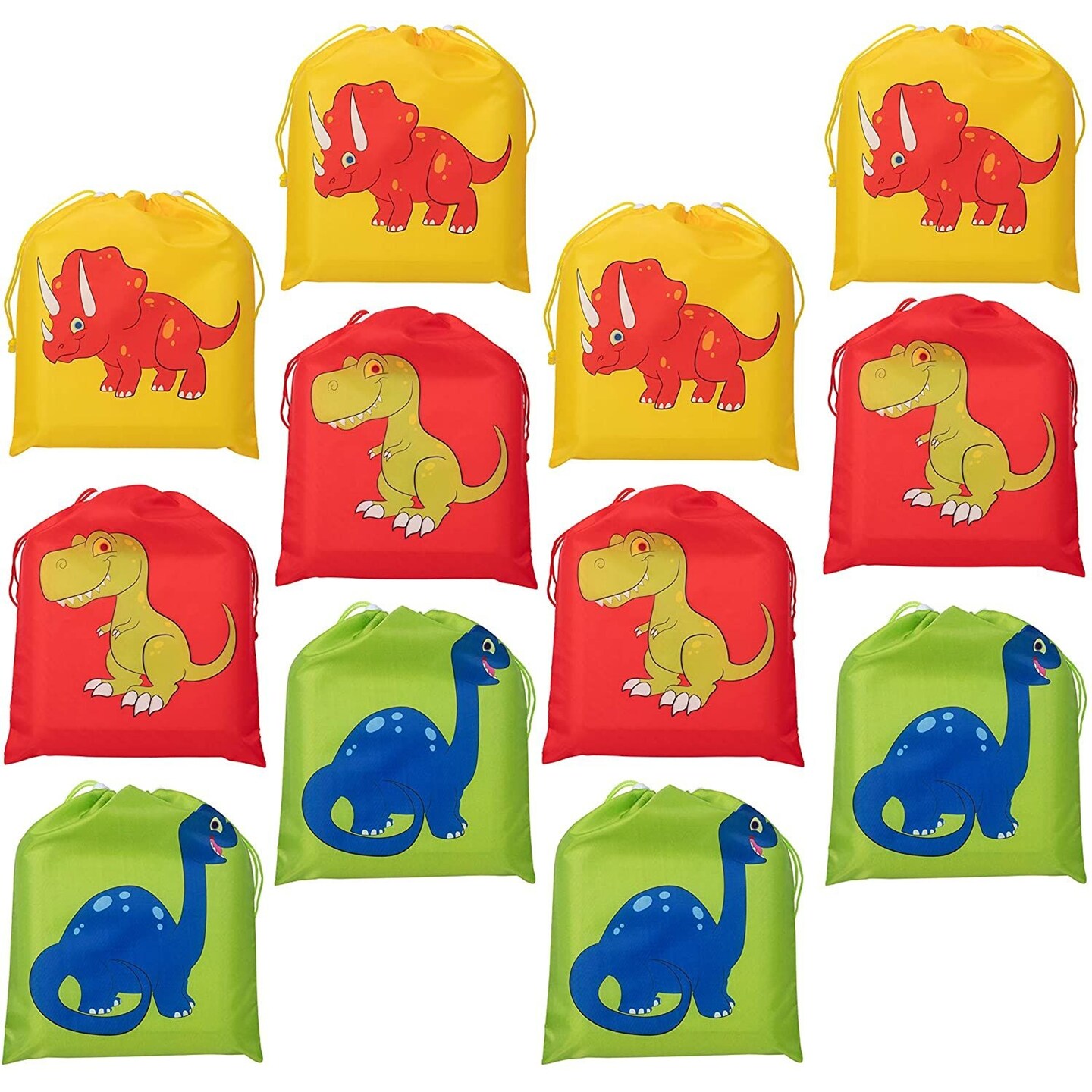 Drawstring Bags - 12-Pack Party Favor Bags for Kids Dinosaur Birthday, 3 Assorted Designs, Goodie Treat Bags, Dino Themed Party Supplies, For Giveaways and Gifts, Green, Red, Yellow, 9.7 x 12 Inches