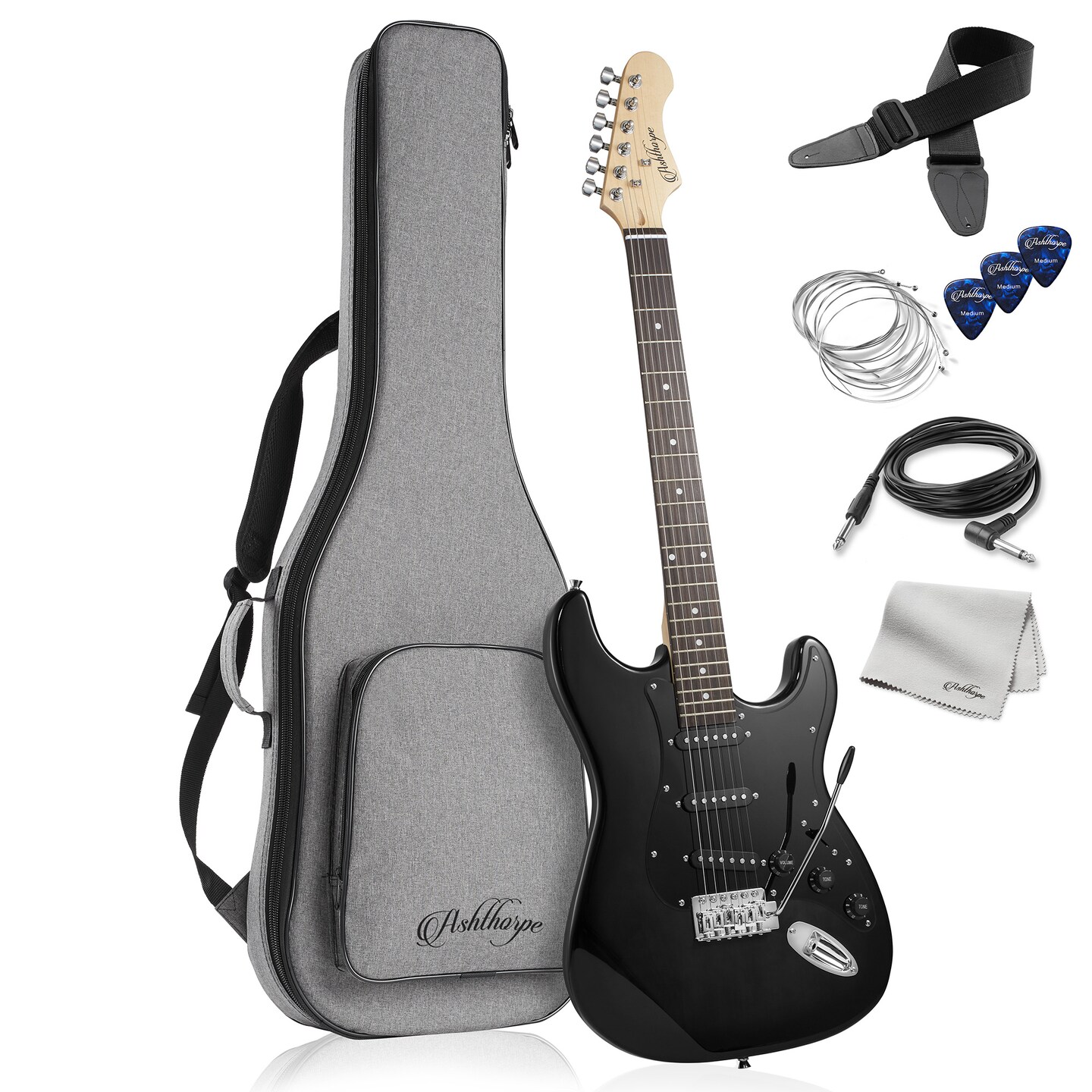 Ashthorpe 39-Inch Electric Guitar, Full-Size Guitar Kit with Padded Gig Bag, Tremolo Bar, Strap, Strings, Cable, Cloth, Picks