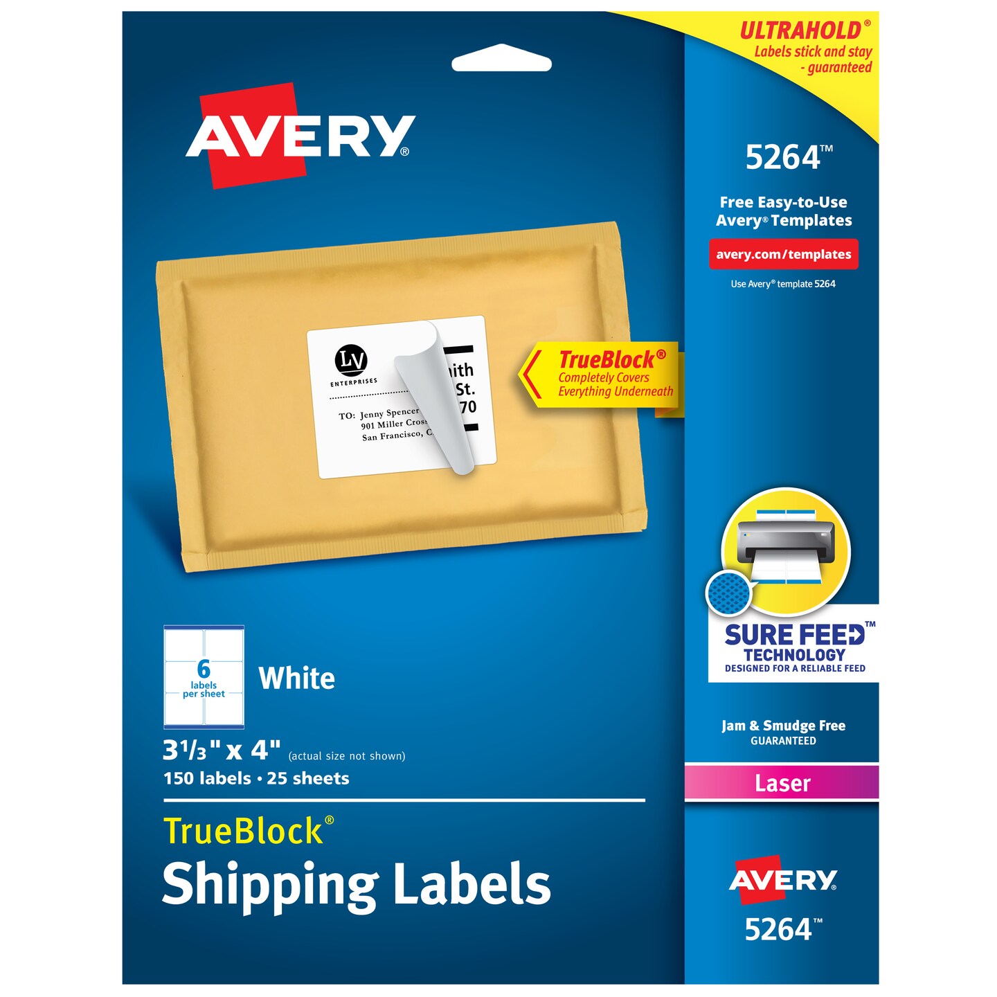 Avery TrueBlock Shipping Labels, Sure Feed Technology, Permanent Adhesive, 3-1/3&#x22; x 4&#x22;, 150 Labels (5264)