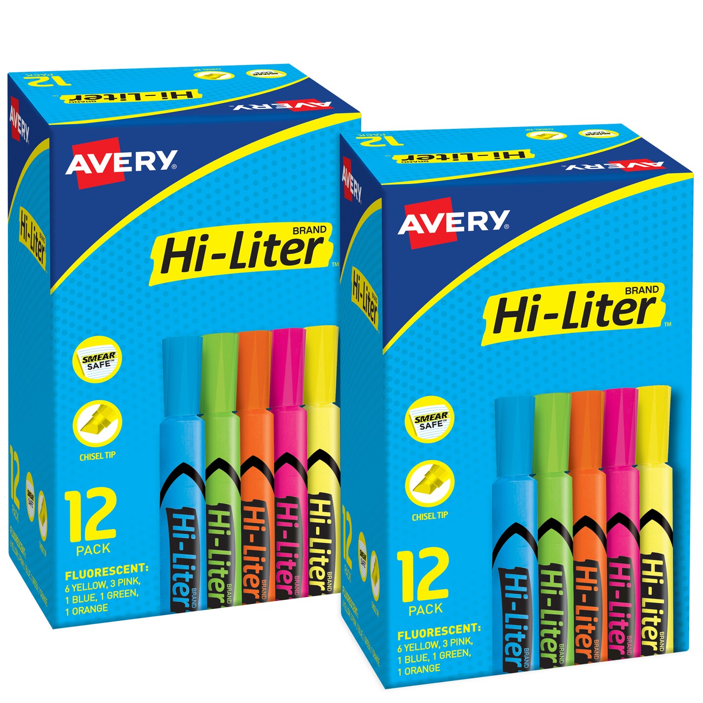 Avery Hi-Liter Desk-Style Highlighters, Chisel Tip, 12 Highlighters,  Assorted Colors, 2 Packs (25601)