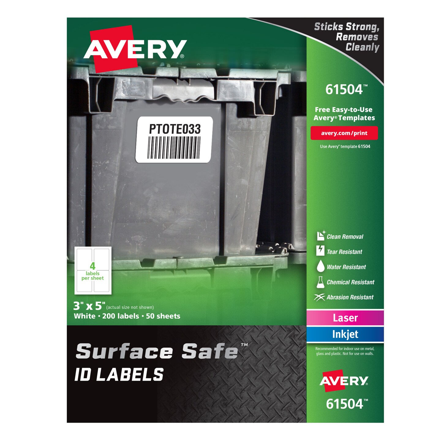 Avery Surface Safe ID Labels, 3" x 5", Water Resistant, Matte White, Removable Adhesive, 200 Labels (61504)