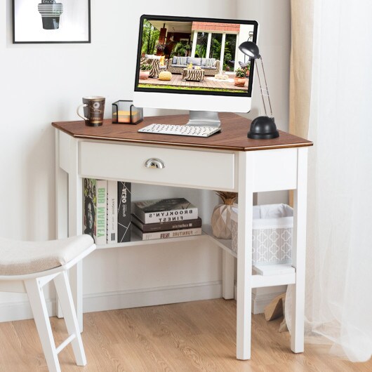 Wooden Corner Computer Desk with Big Storage Drawer and Two Open Shelves