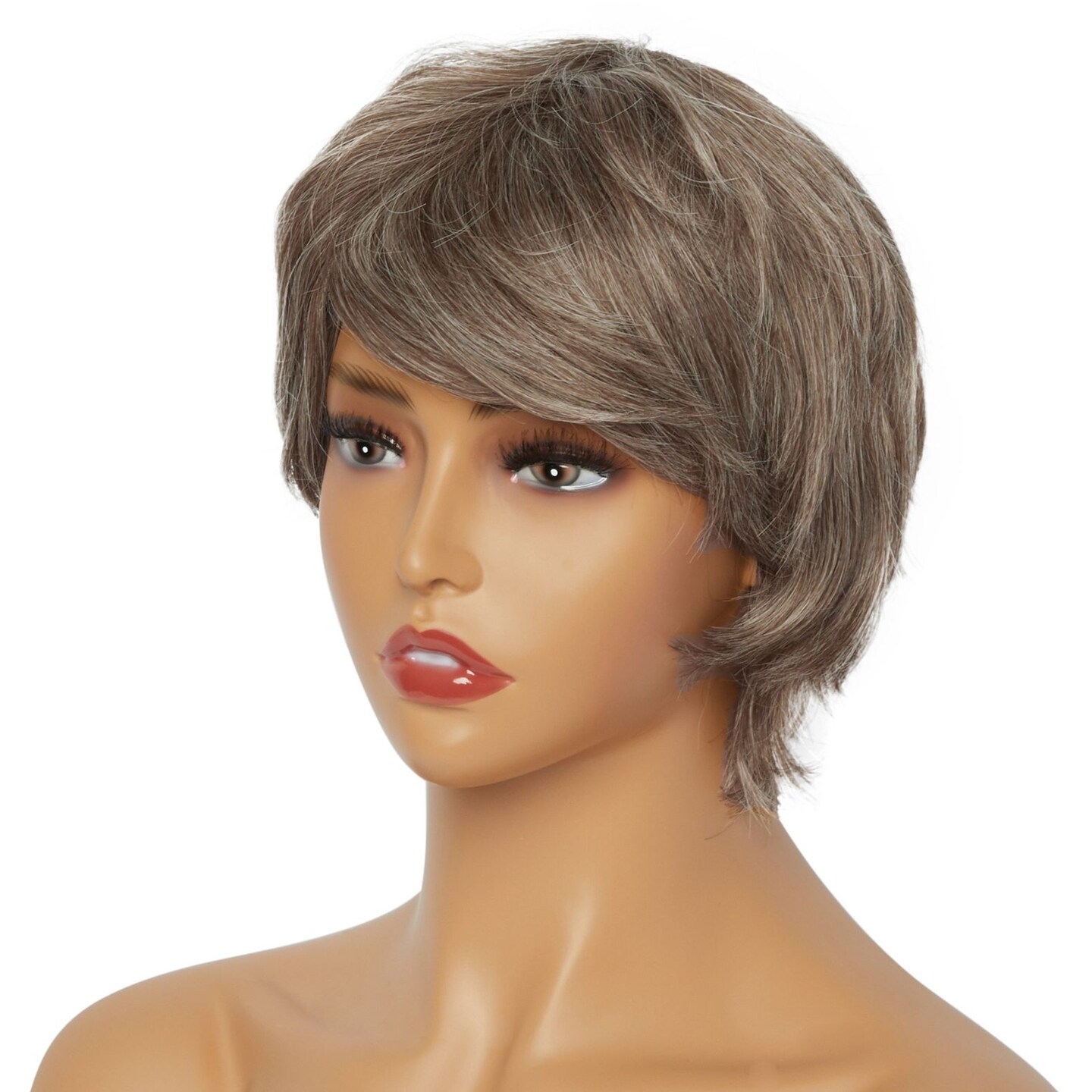 Short Shaggy Layered Cut Synthetic Wig with Brown Highlights for Women, Pixie Cut (4 Inches)