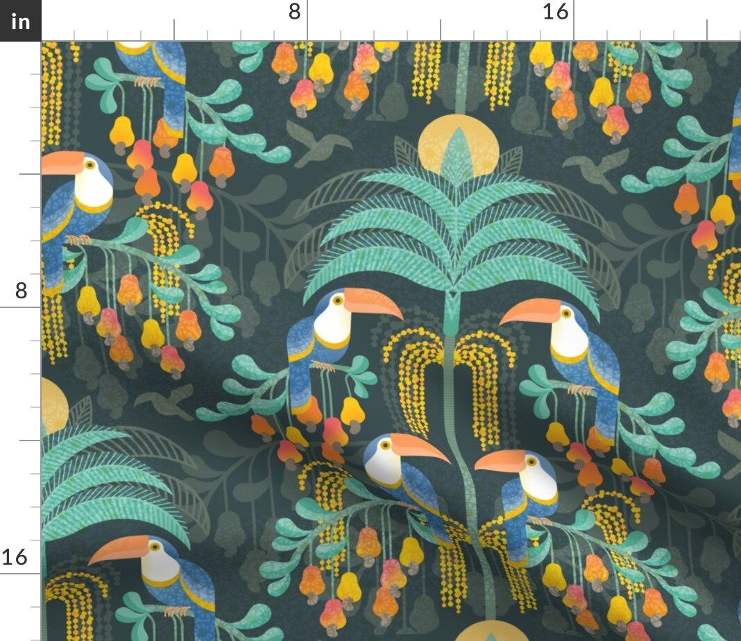 Rainforest Damask Dark Tropical Forest Exotic Birds Fruit Soft Orange Coral Salmon Bright Pastel Boho Yellow Mint Blue Large Scale Custom Printed Fabric by Spoonflower Various Fabrics by the Yard or Fat Quarter