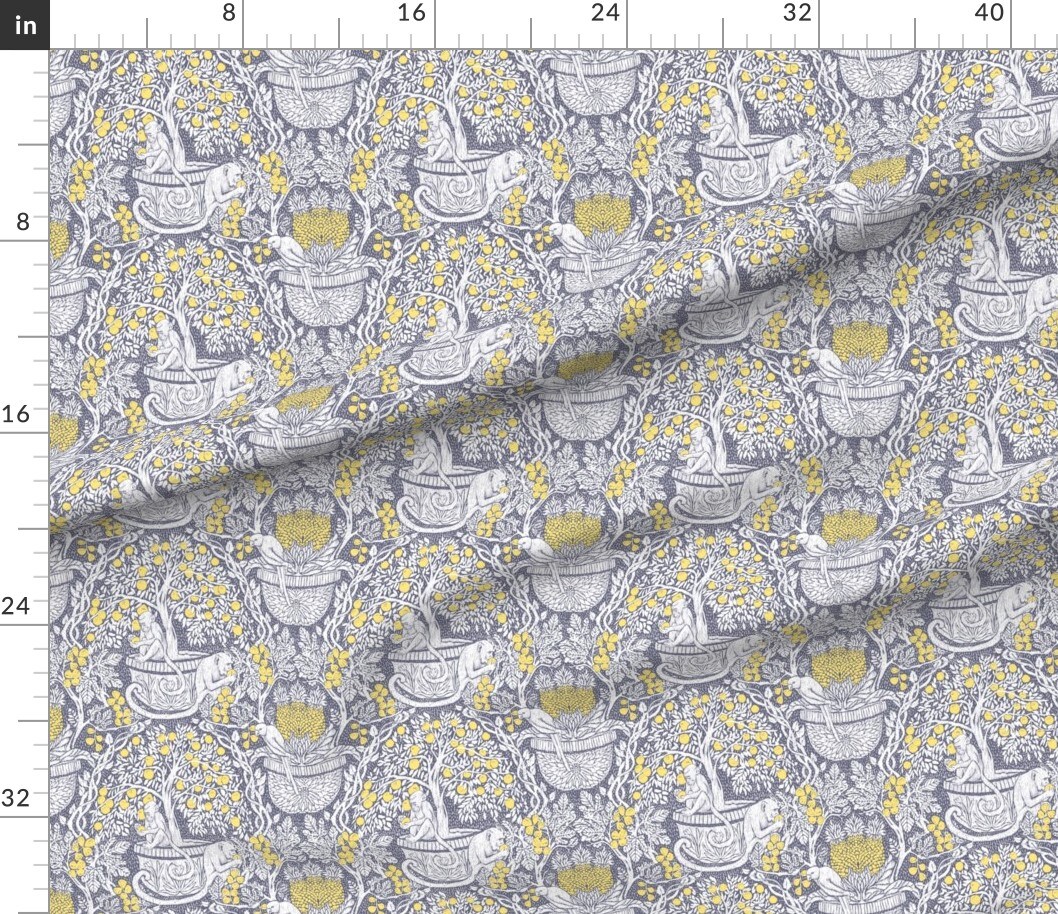 Petal Signature Cotton by the Yard or Fat Quarter Exotic Damask Tropical Fruit Monkey Parrot Arts And Crafts Lemon Tree Yellow Gray Grey Custom Printed Fabric by Spoonflower