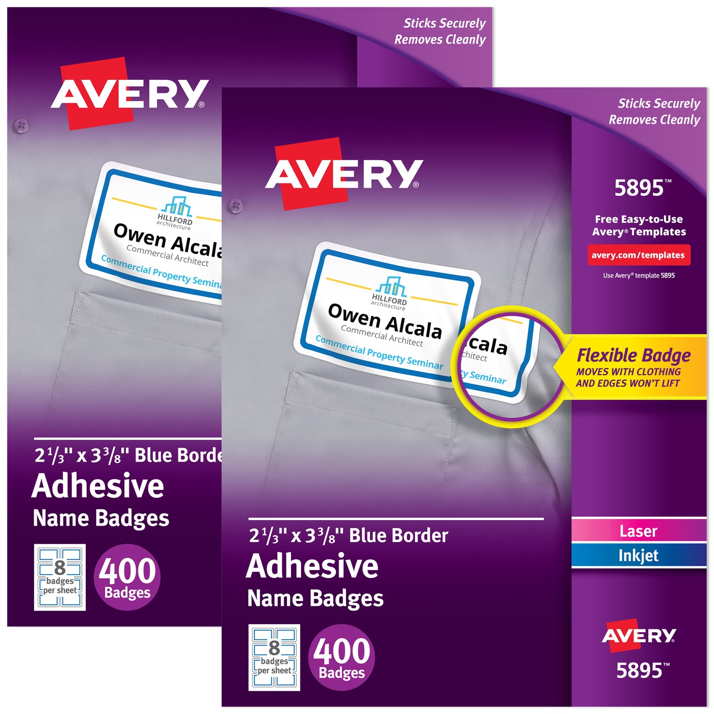 Avery Flexible Name Badges, 2-1/3" x 3-3/8", White with Blue Border, 400 per Pack, 2 Packs, 800 Removable Name Tag Stickers Total (01730)