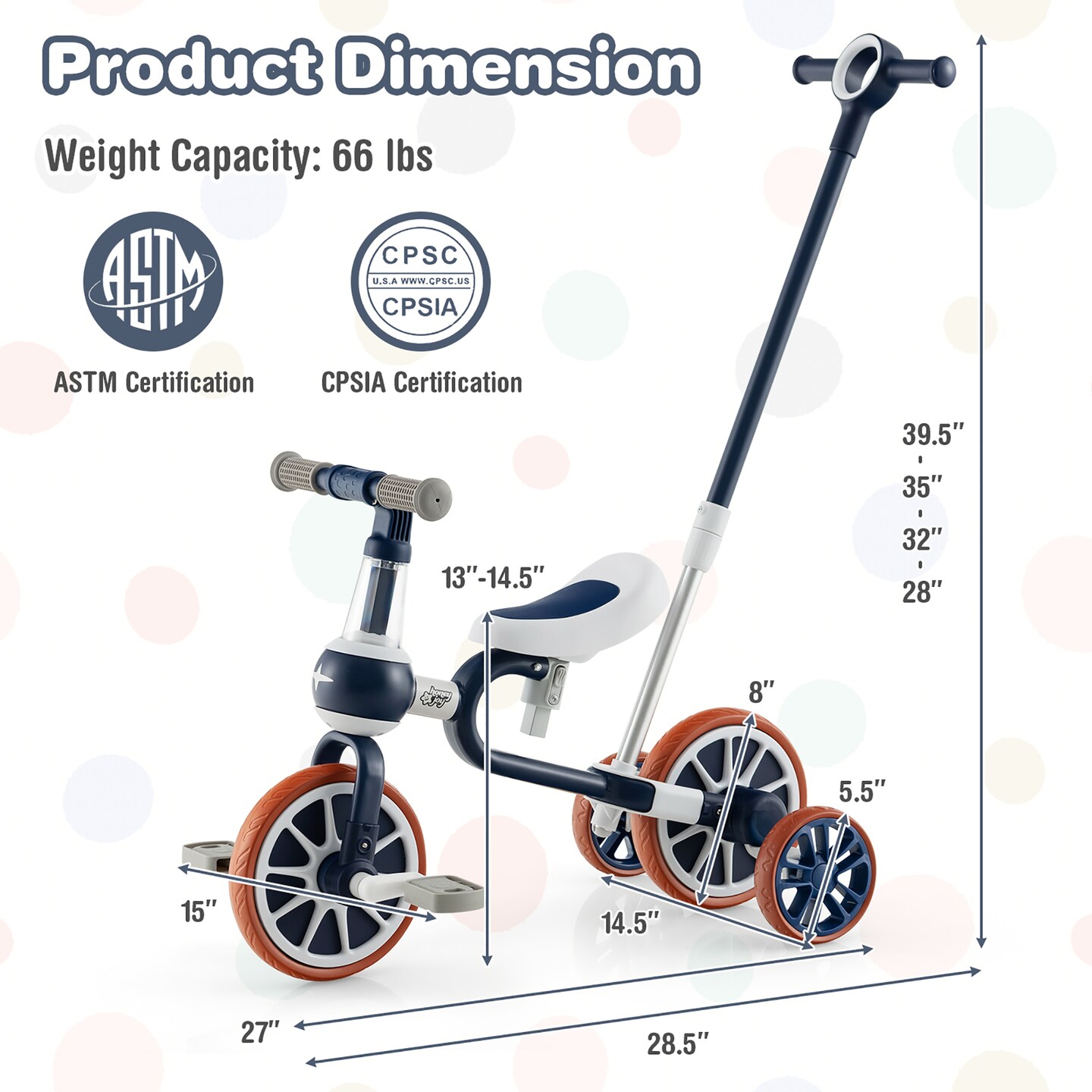 Costway 4 in 1 Kids Tricycles with Push Handle & Training Wheels Baby Balance Bike Navy/Pink