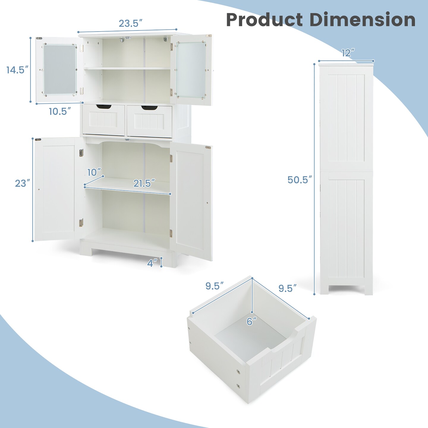 Costway Bathroom Floor Storage Cabinet Kitchen Cupboard with 2 Drawers &#x26; Glass Doors White