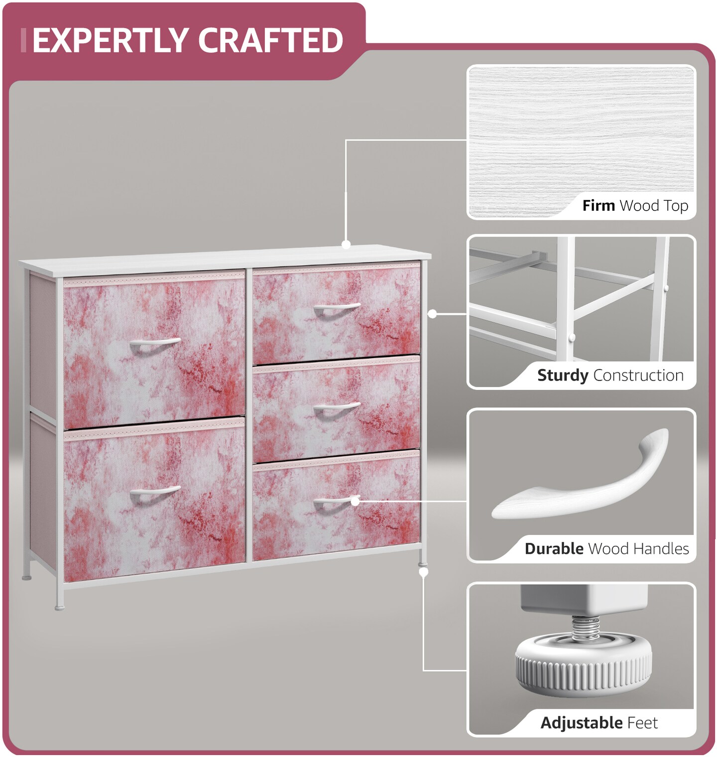 Sorbus Dresser with 5 Drawers - Storage Chest Organizer with Steel Frame, Wood Top, Handles, Fabric Bins