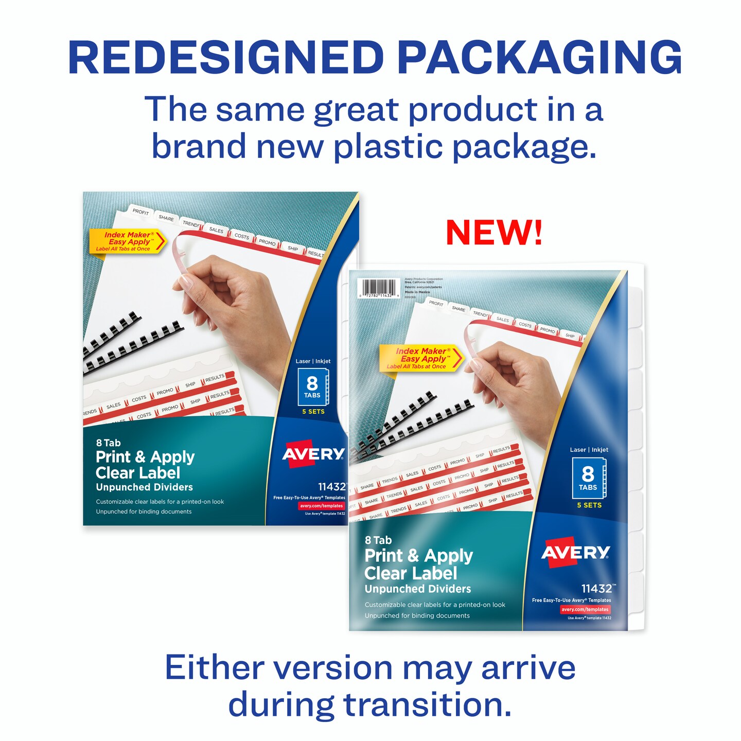 Avery 8 Tab Unpunched Dividers for Use with Any Binding System, Easy Print &#x26; Apply Clear Label Strip, Index Maker Customizable White Tabs, 5 Sets (11432)