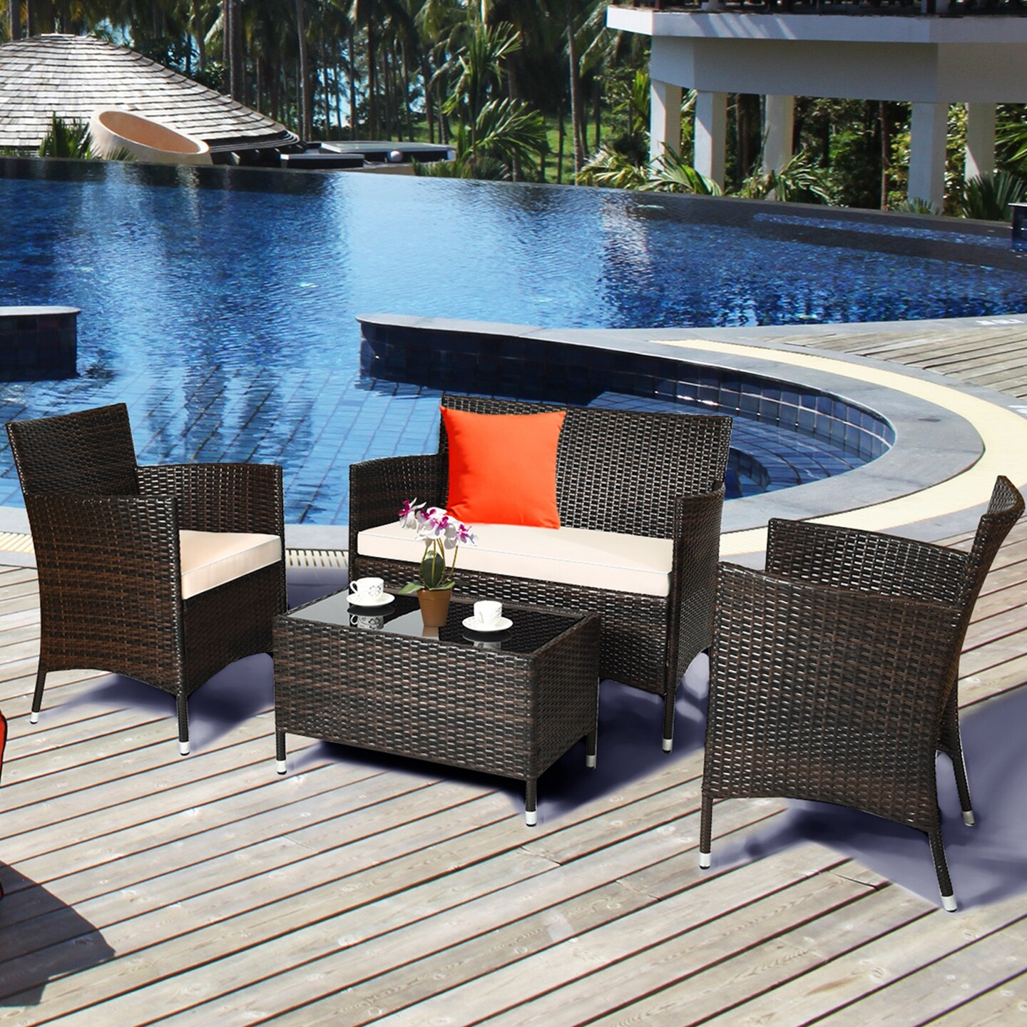 Costway 8PCS Patio Wicker Furniture Set Sofa Chair with Brown &#x26; Red Cushion Covers Garden