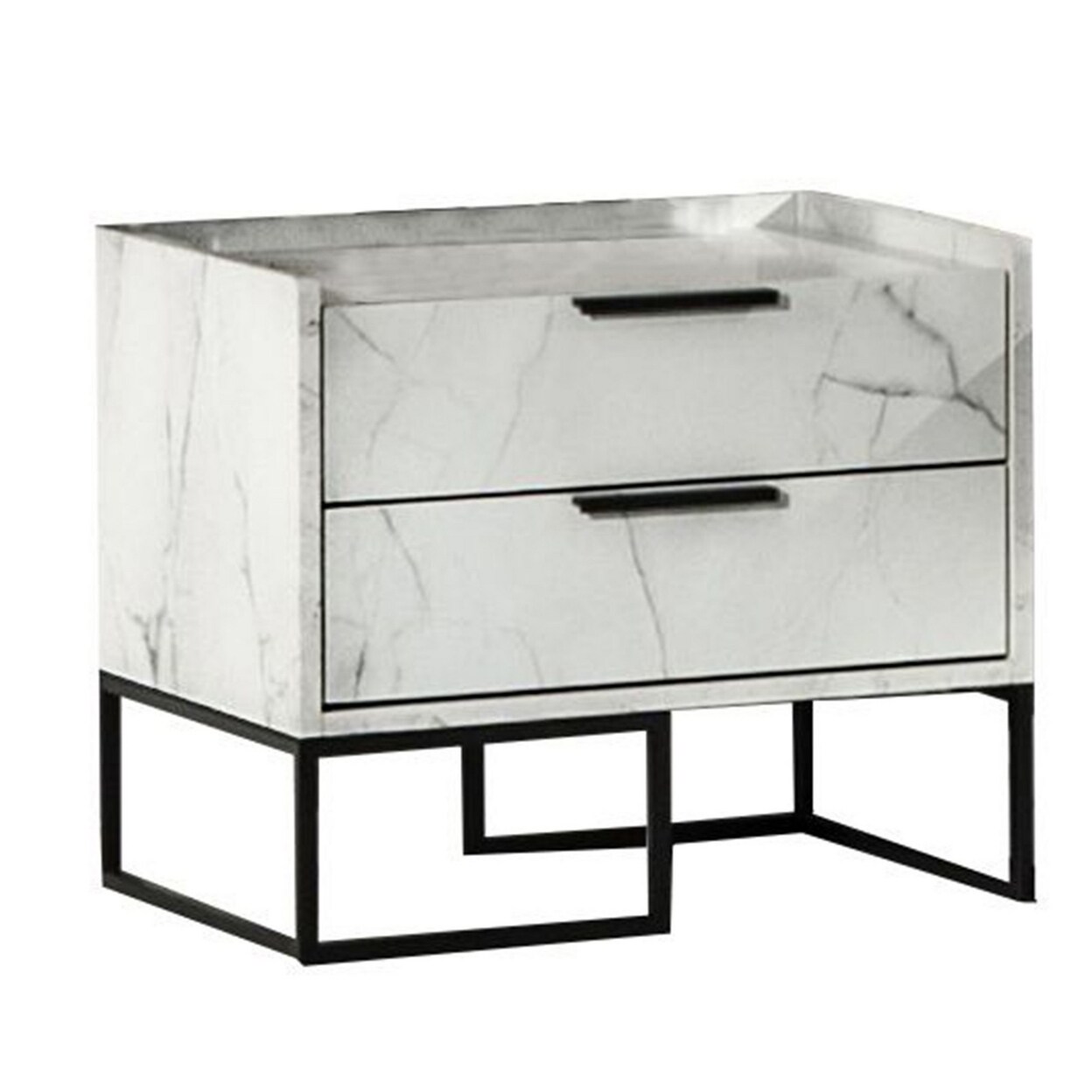 Saltoro Sherpi Noe Paul 24 Inch Wood Nightstand, 2 Drawers, Faux White Marble, Metal Legs-